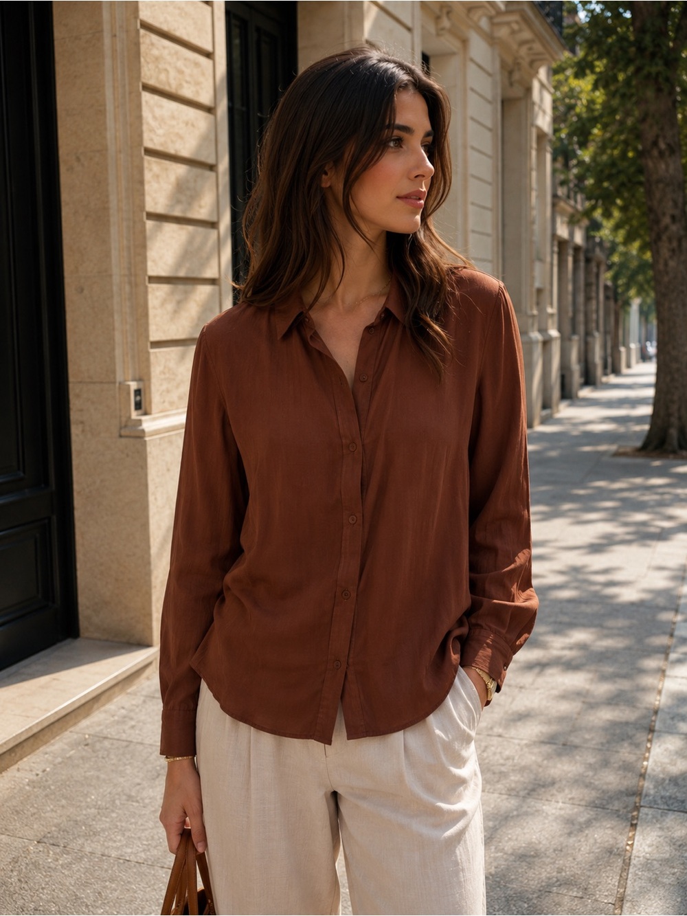 InWear Silk Button-Up Blouse in Rich Brown